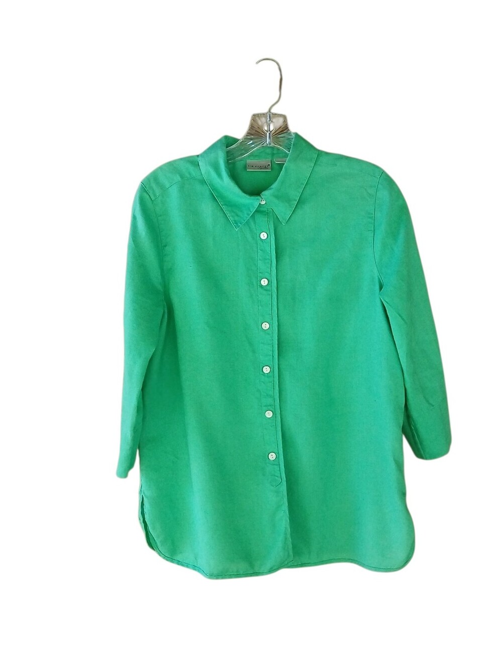 Kim Rogers Green 3/4 Sleeve Button Down 100% Linen Shirt Size Small